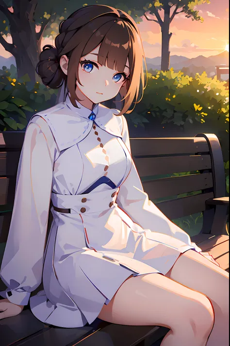 Young woman, white dress, sitting on bench, long light brown hair, blue eyes, sunrise