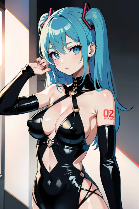 piercings、耳Nipple Ring、tattoo、goth_punk, 1girl in, 独奏,、top-quality, Photorealistic, An ultra-fine illustrations, beautiful attractive anime girl, miku hatsune, Slender body, Tied hair, one girls, a photo of girl, Full body shot, Beautiful blue eyes, Turned...