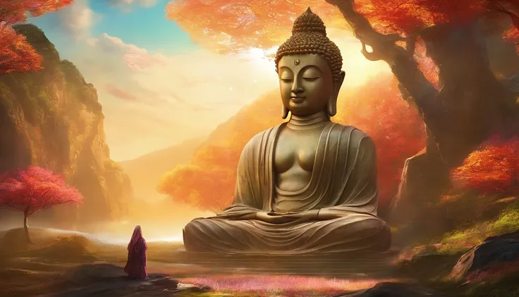 BUDDHA STATUE, stone, Texture, Tall, Majestic, The background is illuminated by sunlight，inverted image，Lateral face