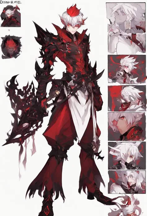 demon boy prince, maplestory character sheet, demon boy, with red skin and white hair messy curly, Red elf w/ Black Piercings, Bleach Monster Tail,