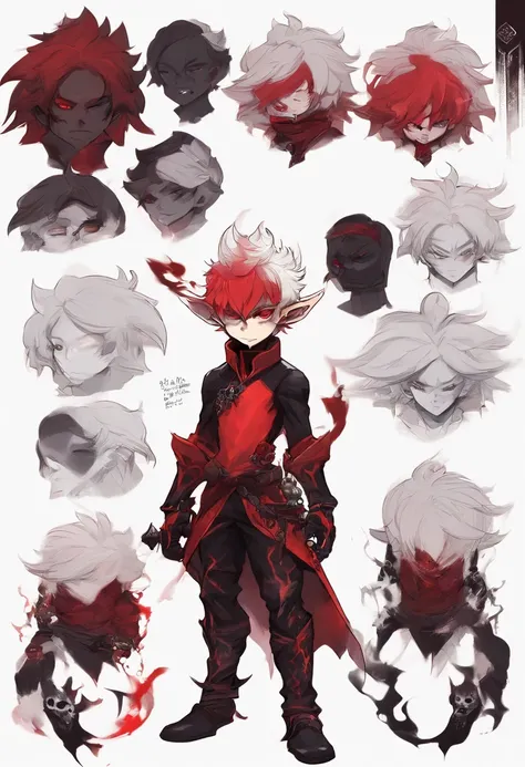 demon boy prince, maplestory character sheet, demon boy, with red skin and white hair messy curly, Red elf w/ Black Piercings, Bleach Monster Tail,