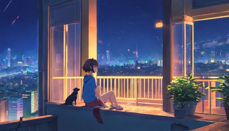 A girl sitting on the balcony , feeling and seeing the out view  , focusing the city at night  ,in the style of 2d game art ,chinstill 50, with headphones in the ear , linsting the song  , night time, coloufull animation skills, with a dog sitting beside n...