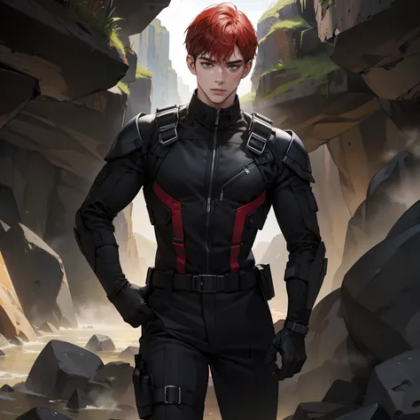 Masterpiece, high quality, best quality, HD, realistic, perfect lighting, detailed body, 1 man, red short hair, face expression, black military suit, in the cave