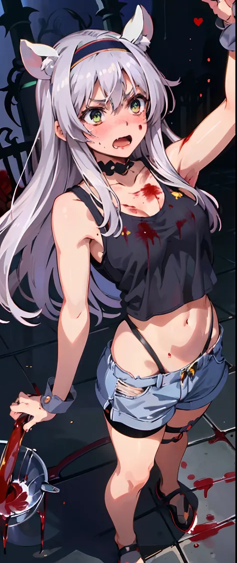 best quality, (masterpiece:1.2), detailed,
Sistine Fibel,
1girl, solo, open mouth, wavy mouth, nose blush, embarrassed, medium breasts,
long hair, grey hair, green eyes, blue hairband, animal ears, navel, gloves, (((cropped tank top, 20 years old))), (((ul...