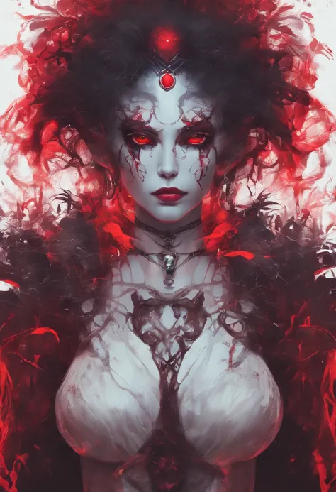 (best quality,4k,ultra-detailed),vivid colors,surreal,portrait,red skin,white messy curly hair,bright red elf with black piercings and a bleach monster tail,haunting eyes,dark atmosphere,lit by ethereal moonlight