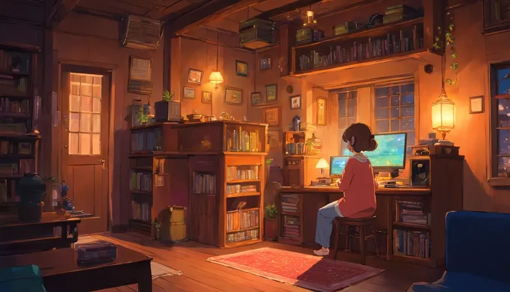 Girl listening to music in a cozy room at night, Usando fones de ouvido, Anime estilo 2D, Lo-fi, hd, Ambiente escuro