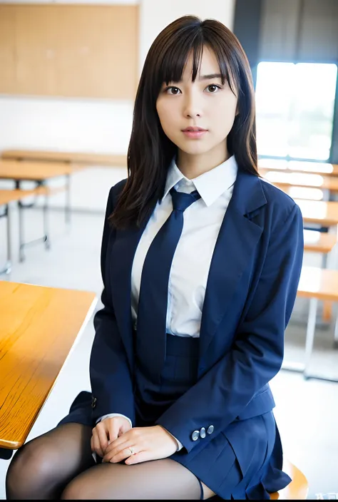 Japan high school girl sitting at desk in classroom in uniform, Japan High School Student Uniform、Red big ribbon tie:1.2、blazers、white  shirt、Navy blue checked pleated skirt、Black pantyhose,Cute,mature youngster,17 age,Full body,nice perfect face with soft...