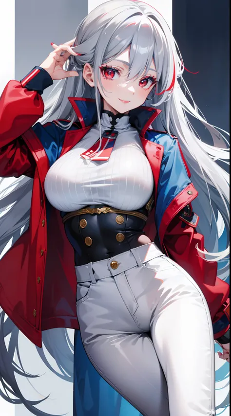 Adult woman, long gray hair, red eyes, red eyeshadow, blue lipstick, blue jacket, white pants , large breasts, Smile, Masterpiece, hiquality, 4k, HD, Good detail