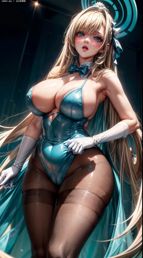 (top-quality、​masterpiece、超A high resolution、Photorealsitic:1.4)、sexypose、Raw photo、独奏、((Light blue ribbon、Light blue bunny girl costume、white glove、Black tights:1.1))、((a blond、Very long hair))、glowy skin、Wet body、(Mole on the chest:0.75)、((facing front))...