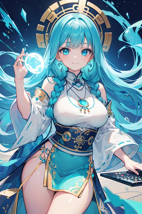 Masterpiece, Best Quality, Ultra-detailed, illustartion,(1girl),beautiful detail eyes, looking a viewer, (Holding a computer keyboard in your hands), Happy, (turquoise hair:1), (blue rounded eyes:1), (Round Earring), (Turquoise Necklace With Large Gemstone...