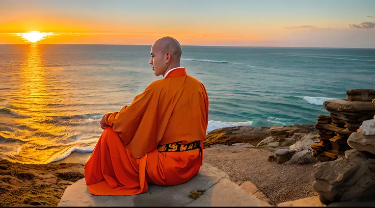 bald asian monk. he is 9 in an orange-yellow robe. it sitting on the edge of a cliff above the sea. sunset.seeing the horizon of...