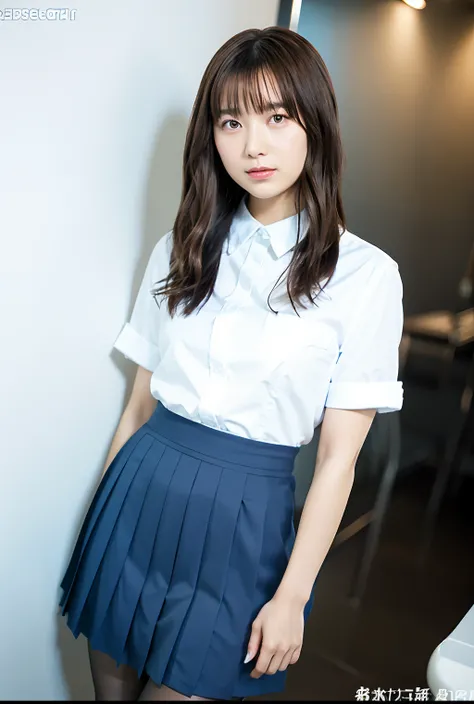 Japan schoolgirl in uniform,White short-sleeved shirt、red bowtie:1.2、Checked pleated skirt、pantyhose,Cute,mature youngster,17 age,Full body,nice perfect face with soft skin perfect face,gorgeous long wavy brown-haired,8K resolution,Ultra-realistic,Ultra-de...