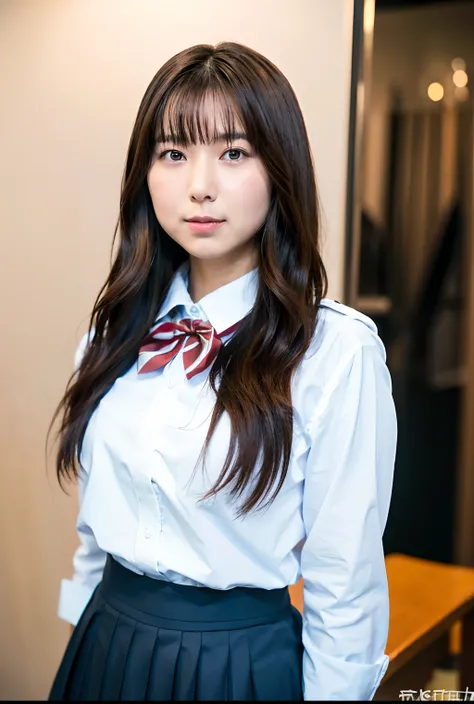 Japan schoolgirl in uniform,white  shirt、red bowtie:1.2、Checked pleated skirt、pantyhose,Cute,mature youngster,17 age,Full body,nice perfect face with soft skin perfect face,gorgeous long wavy brown-haired,8K resolution,Ultra-realistic,Ultra-detailed,hightq...