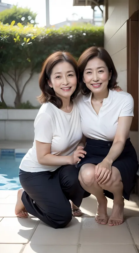 draw a mother and daughter kneeling in a pool at the same time，one photo contains a mother and daughter，plumw，long leges，tee shi...