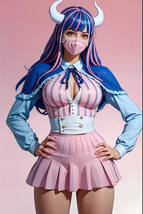 (masterpiece, best quality, 8k, highly detailed), 1girl, breasts, horns, red background, solo, hand on hip, rating:safe, mask, skirt, blue hair, long hair, (((pink mouth mask))), shirt, pantyhose, multicolored hair, cleavage, high-waist skirt, blue skirt, ...