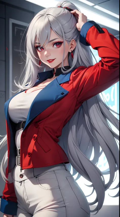 Adult woman, long gray hair, red eyes, red eyeshadow, blue lipstick, blue jacket, white pants , large breasts, Smile, Masterpiece, hiquality, 4k, HD, Good detail