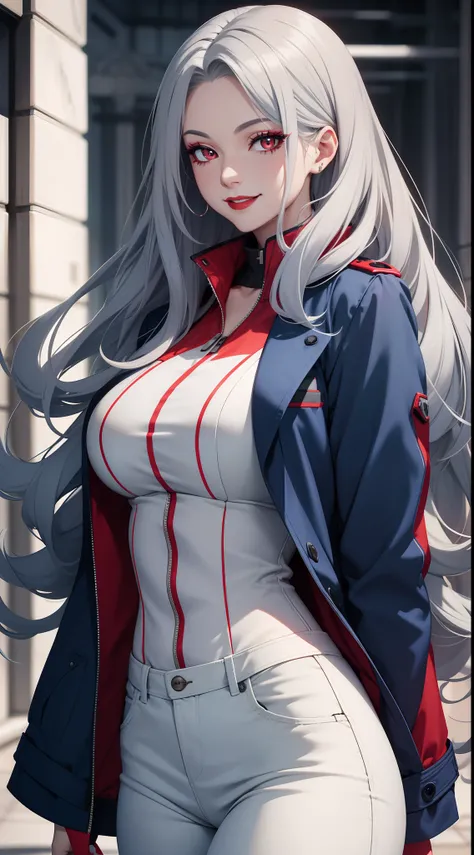 Adult woman, long gray hair, red eyes, red eyeshadow, blue lipstick, blue jacket, white pants , large breasts, Smile, Masterpiece, hiquality, 4k, HD, Good detail