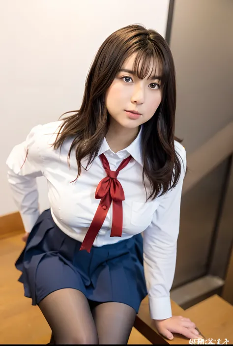 Japan schoolgirl in uniform,white  shirt、(Red Uniform Ribbon:1.2)、Checked pleated skirt、pantyhose,Cute,mature youngster,17 age,(Full body:1.2),(Curvaceous:1.2)、nice perfect face with soft skin perfect face,gorgeous long wavy brown-haired,8K resolution,Ultr...