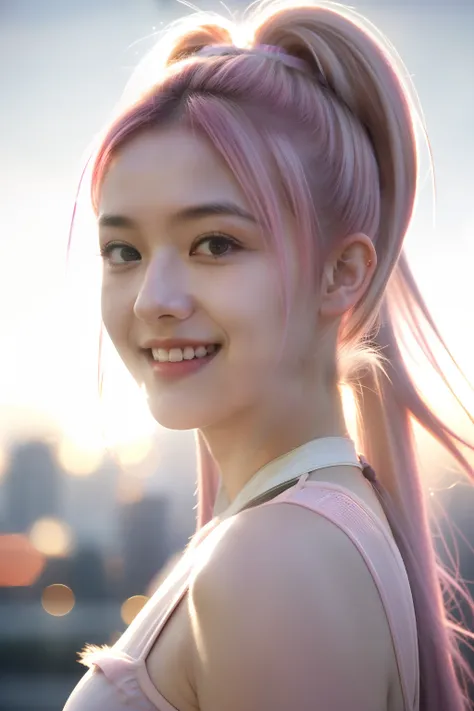 Portrait photo of a young girl, (laughing:0.7), pink ponytails hair, complex city background, backlit, (cinematic:1.5), epic realistic, hyperdetailed, insane details, intricate details, accent lighting, soft volumetric light, bokeh, (dramatic light:1.2), (...