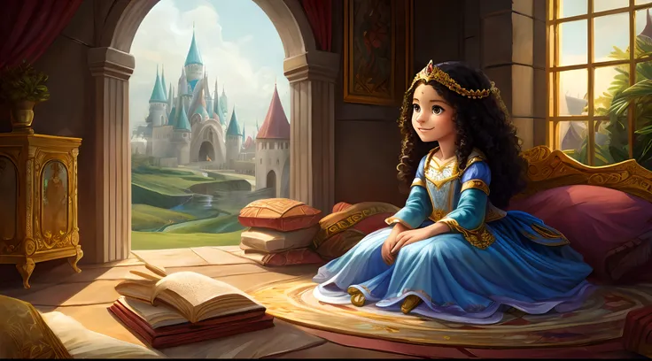 "Create a vivid description of a young princess with black and curly hair in her enchanting fairytale kingdom. Imagine a charming little princess with a heart full of curiosity and a smile that can light up the darkest corners of the castle. Describe your ...