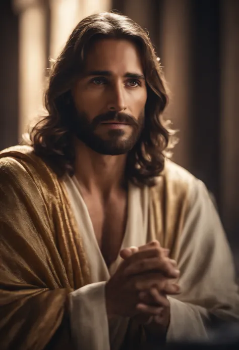 Jesus Christ, portrait, photo, realistic, luxury, gold ray , lens 85, kindness guy