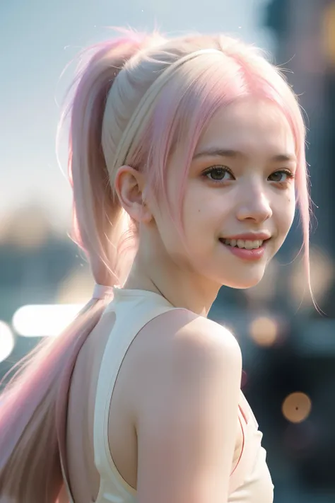 Portrait photo of a young girl, (laughing:0.7), pink ponytails hair, complex city background, backlit, (cinematic:1.5), epic realistic, hyperdetailed, insane details, intricate details, accent lighting, soft volumetric light, bokeh, (dramatic light:1.2), (...