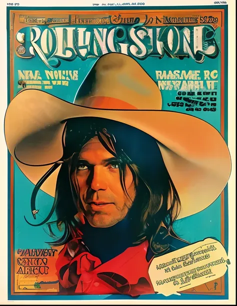 a close up of a magazine cover random chaos with a person wearing a hat, neil young, neil young design, rollingstone magazine, 1976 magazine cover, from 1977, 1970 photo from live magazine, cover story, 1 9 7 3 photo from life magazine, 1973 photo from lif...