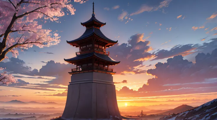 (masterpiece, best quality:1.2), ultra detailed, cinematic lighting, HDR, ilustration,  landsape,  sunrise,  cherry blossom, impressive, chill, inspirational,