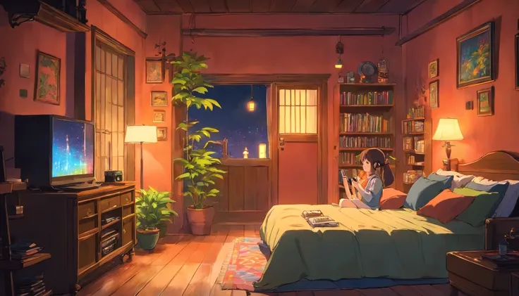 Girl listening to music in a cozy room at night, Usando fones de ouvido, Anime estilo 2D, Lo-fi, disco Rigido, Ambiente escuro