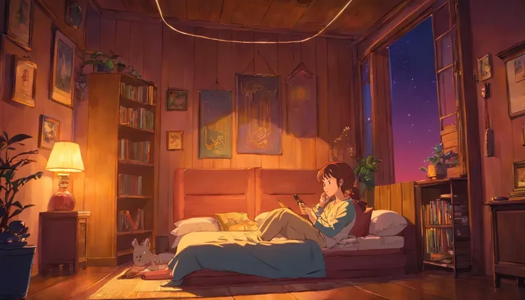 Girl listening to music in a cozy room at night, Usando fones de ouvido, Anime estilo 2D, Lo-fi, disco Rigido, Ambiente escuro