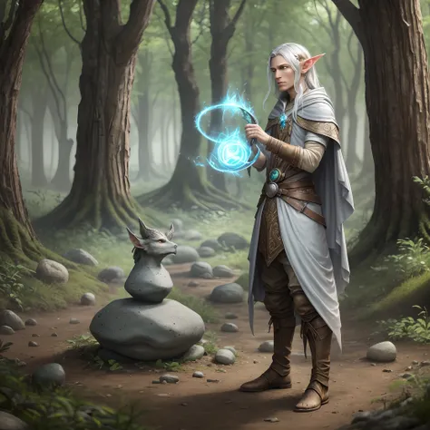 Silver mage of the elven race, casting a nature spell while standing in a stone circle in the wastelands. --auto --s2