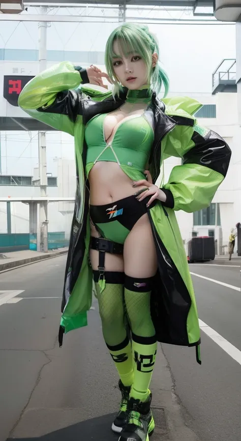 Cyberpunk Female Idol、Good Style、Colorful green hair、Shiny Leotards、、Idol face、large full breasts、Fluorescent Green Clothing、、、Colored tights、Tailcoat jacket