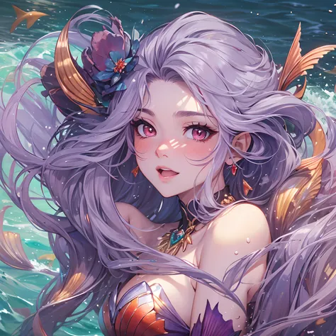 (Masterpiece, Highest quality)), Detailed face, ， full bodyesbian, Full of details, Multiple poses and expressions, Highly detailed, Depth, Many parts，Beautiful mermaid girl，Human fishtail，estilo fantasia，Extremely beautiful，High Balance, Natural light, Wa...