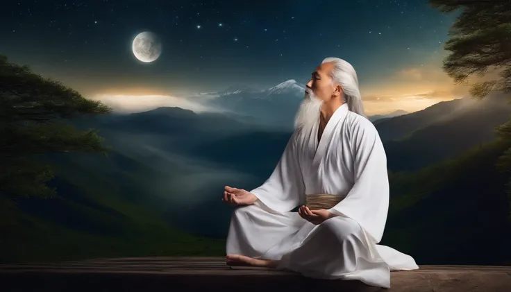 Close-up of 30-year-old Asian middle-aged Taoist priest meditating with his eyes closed,long  white hair，Sit in the center，A meditative，Vast starry sky background，Has a white beard，Meditation cross-legged，Daoism, Wear a white robe，white sash，magic aura，Tao...