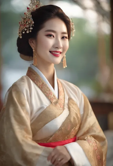 A south Korean adult Princess, wearing South Korean traditional outfit, big breast, smiling, looking superior hot, high quality, masterpiece, 8k ultra HD.