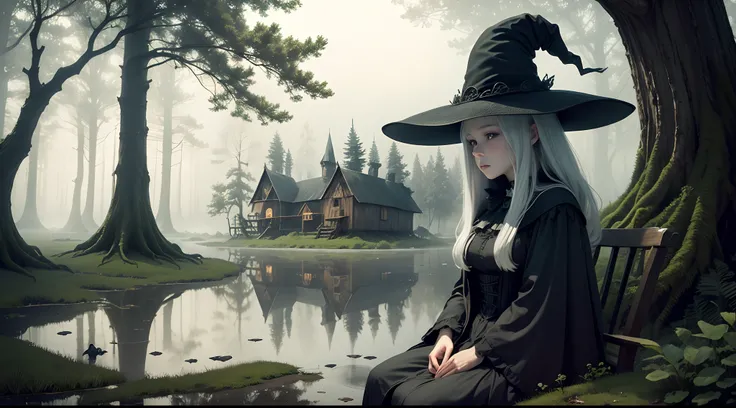 detailed, beautiful, foggy swamp, wide shot,view from far, a little witch house, dusk, a lot of trees, calm, (witch sitting in the chair on the witchs house, huge witch hat, bright white skin)