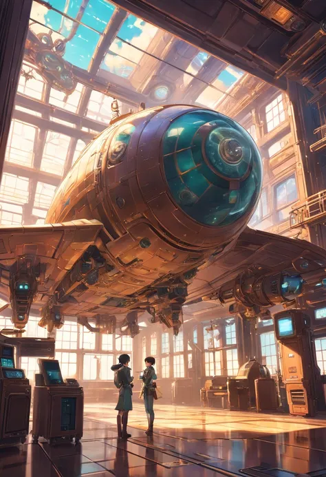 steampunk exterior of a spaceship. Through the windows you can see the landscape of an alien planet, the entire space is full of work consoles with electronic devices and screens, full-HD