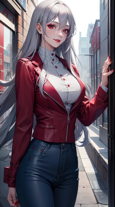 Adult woman, long gray hair, red eyes, red eyeshadow, blue lipstick, blue jacket, white pants , large breasts, Smile, Masterpiece, hiquality, 4k, HD, Good detail