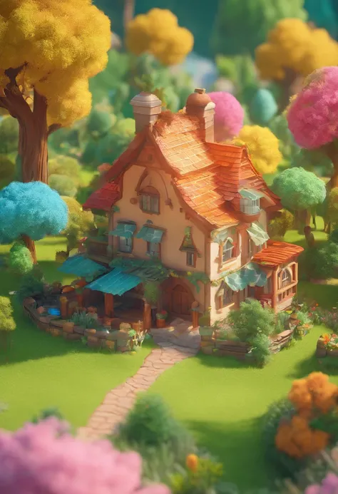 A house situated in the middle of the forest, around the house is a very small wheat far. The cartoon-styled house has a whimsical and playful look with exaggerated features, vibrant colors, and simplified curvy shape. forest trees surround the farm, its t...