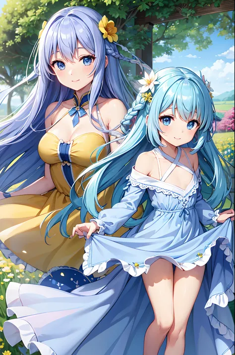 top-quality、Floral hair ornament、light blue  eyes、a small face、Light blue long hair、Twin-tailed、Hair fluttering in the wind、A charming smile、Colossal tits、Open chest、Yellow and brown frifridress、beauty legs、flower  field、evening、Background blur