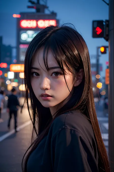 1girl, Tokyo street,night, cityscape,city lights, upper body,close-up, 8k, RAW photo, best quality, masterpiece,realistic, photo-realistic,