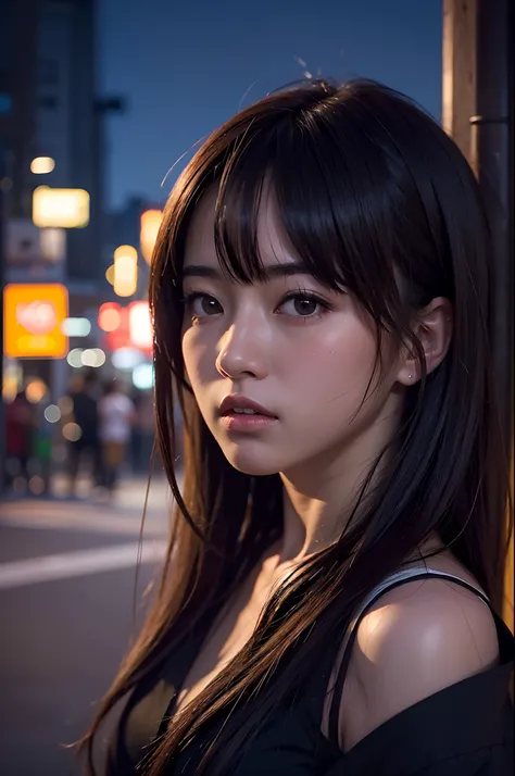 1girl, Tokyo street,night, cityscape,city lights, upper body,close-up, 8k, RAW photo, best quality, masterpiece,realistic, photo-realistic,