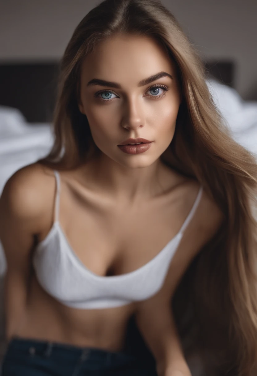 Arafed woman completely , fille sexy aux yeux bleus, ultra realist, Meticulously detailed, Portrait Sophie Mudd, cheveux blonds et grands yeux, selfie of a young woman, Yeux de chambre, Violet Myers, sans maquillage, maquillage naturel, looking straight at...