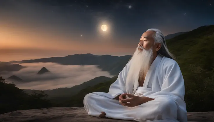 Close-up of a 30-year-old Asian middle-aged Taoist priest meditating with his eyes closed,long  white hair，Sit in the center，A meditative，Vast starry sky background，There is a white beard，Meditation cross-legged，Daoism, Wear a white robe，white sash，magic a...