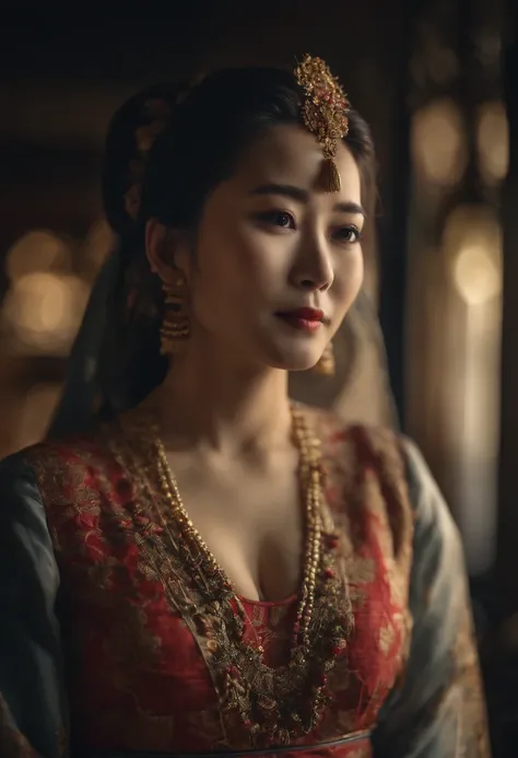 (1girl), South Korean queen, extremally hot girl, Big breast, deep cleavage, wearing south Korean traditional outfit, Depth of field, cinematic light, lens flare, in the dark, deep shadow, (looking at viewer), clear deep eyes, blurry background, dim lights...