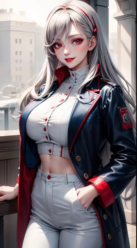 Adult woman, long gray hair, red eyes, red eyeshadow, blue lipstick, blue jacket, white pants , large breasts, Smile, Masterpiece, hiquality, 4k, HD, Good detail