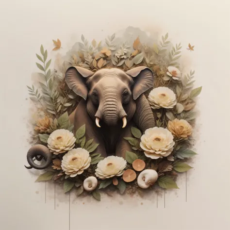 Theres an elephant in a pile of leaves and mushrooms, elefante caprichoso, Ethereal Elephant, por Jeka Kemp, Beautiful autumn spirit, autumn, Elephant illustration, por Andrée Ruellan, hermoso elefante, por Caroline Chariot-Dayez, Animal celefante, Tenient...