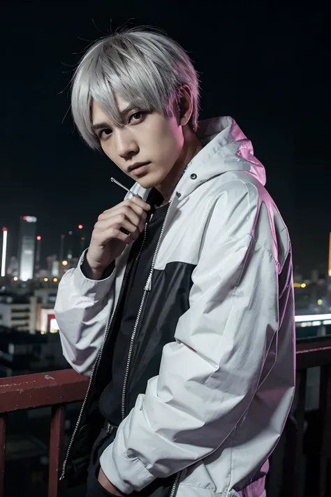 Ken kaneki personaje de tokio ghoul posando a la camara mostrando su kagune en la ciudad de tokio en medio de los edificios dura te la noche