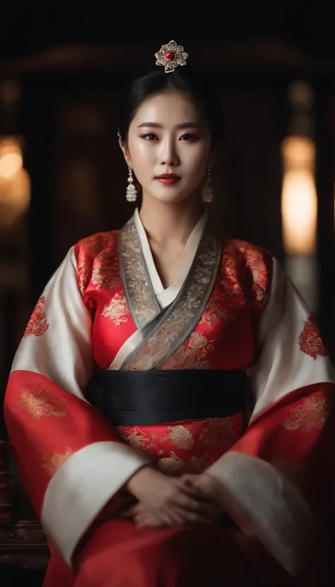 South Korean queen, extremally hot, Biggest breast, deep cleavage, wearing south Korean traditional outfit, Depth of field, cinematic light, lens flare, in the dark, deep shadow, (looking at viewer), clear deep eyes, blurry background, dim lights, 9:16 ima...