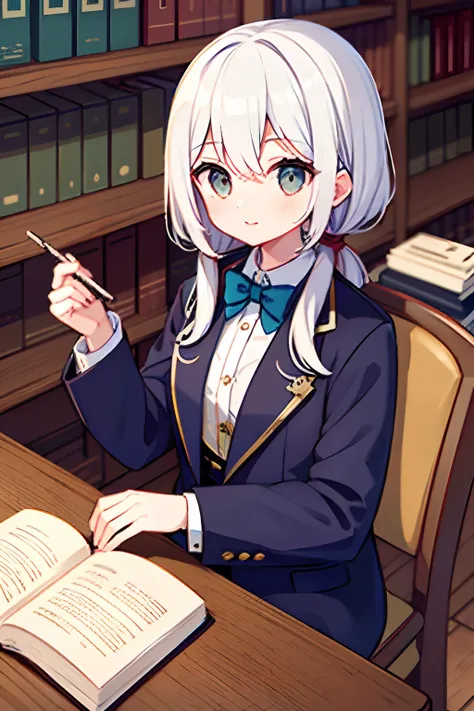 {high quality}, library, {girl with white hair and jade eyes}, {having fine books}, {wearing a navy blue tuxedo}, noble, elegant,